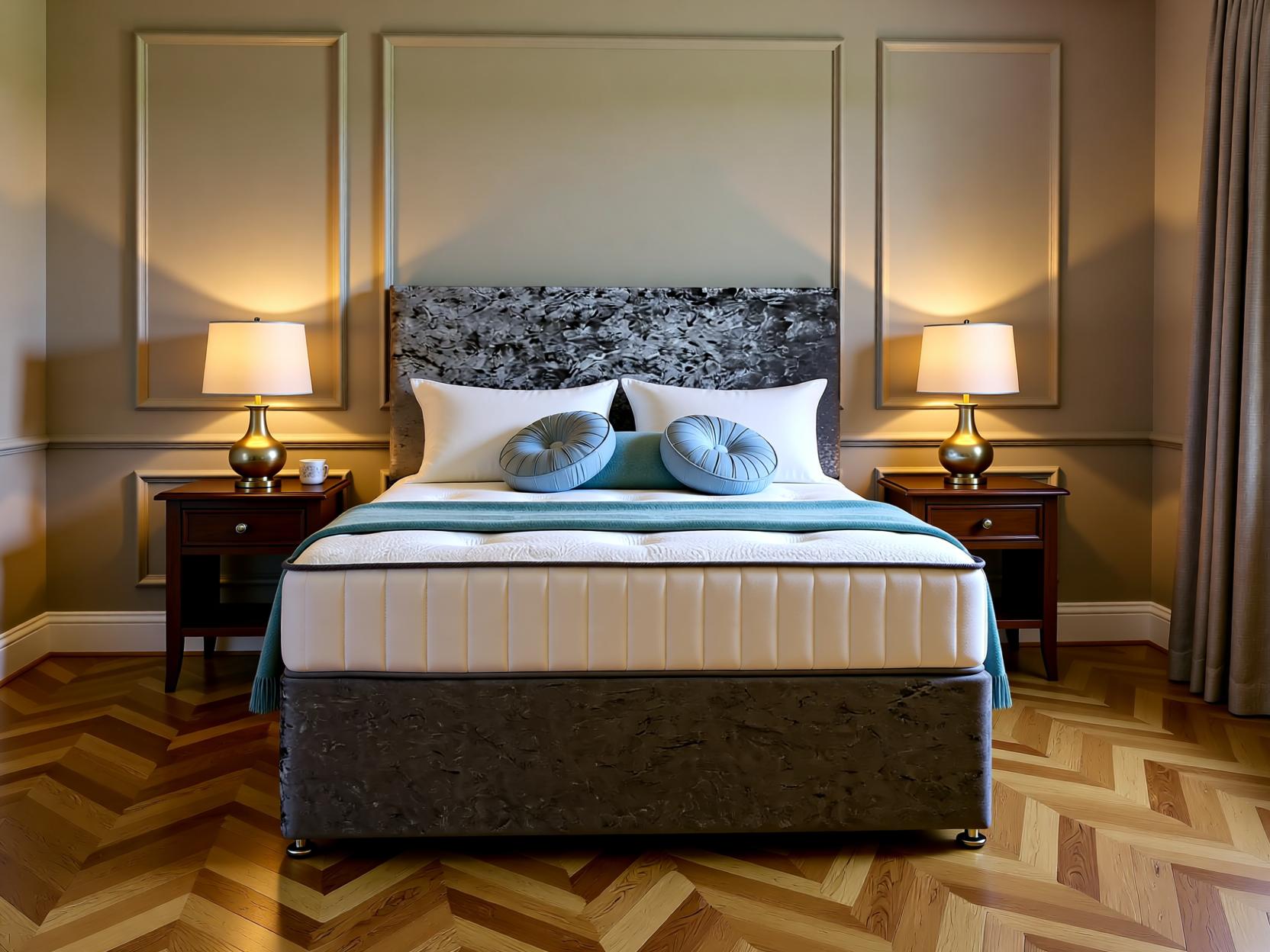 Buckingham divan bed set with matching upholstered headboard in a cozy bedroom setting by Sleep Comfi Beds.