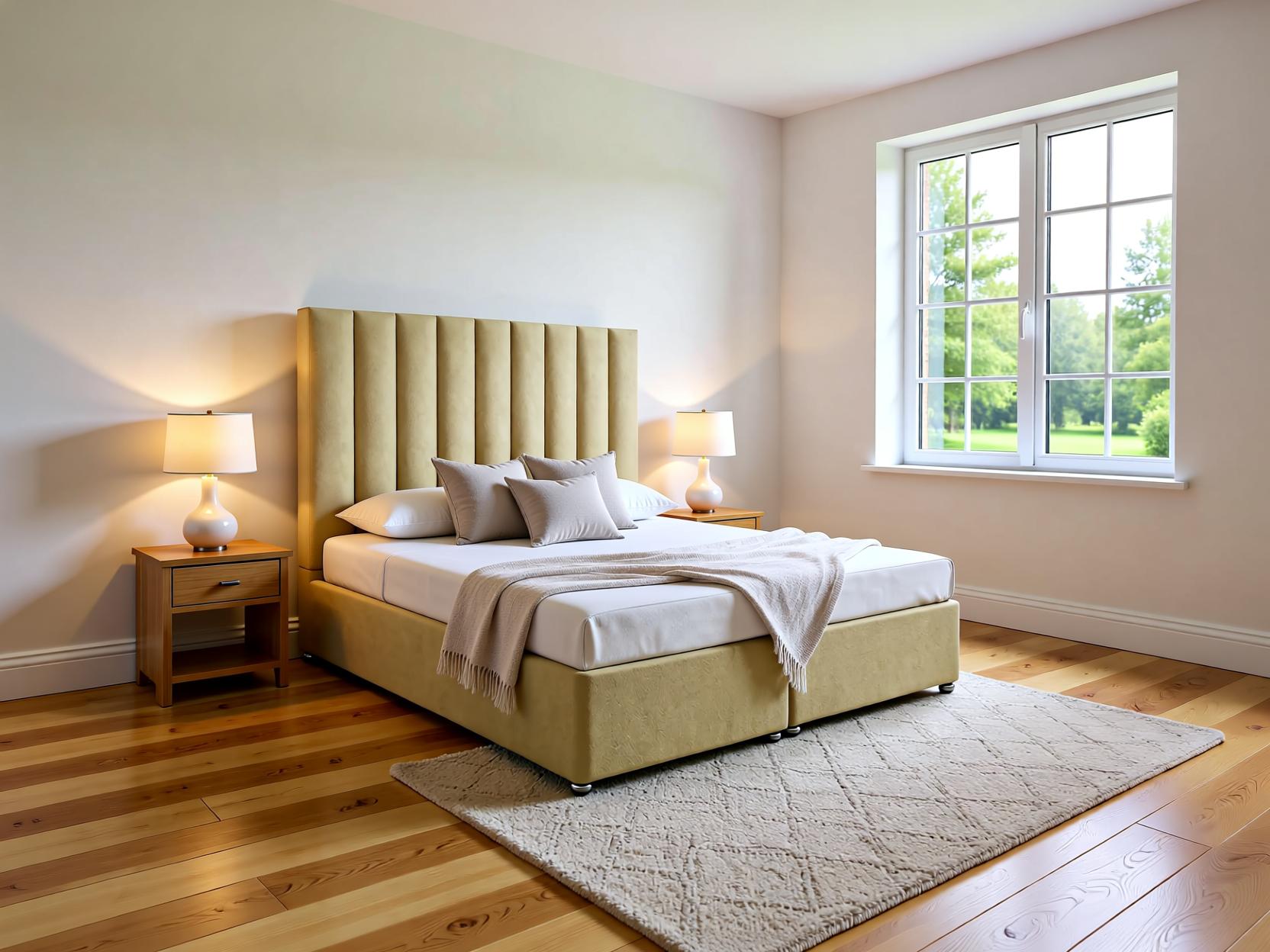 Dolcetta Ottoman storage divan bed set with floor standing headboard in a stylish bedroom setting.