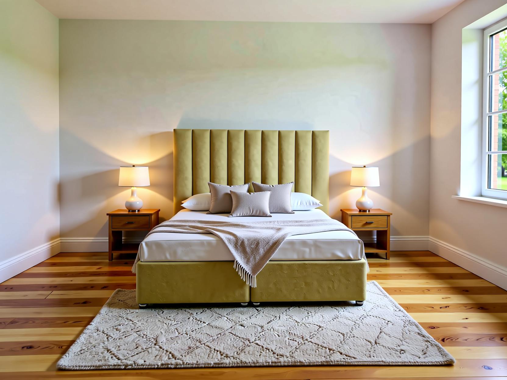 Dolcetta Ottoman storage divan bed set with a floor-standing headboard in a stylish bedroom setting.