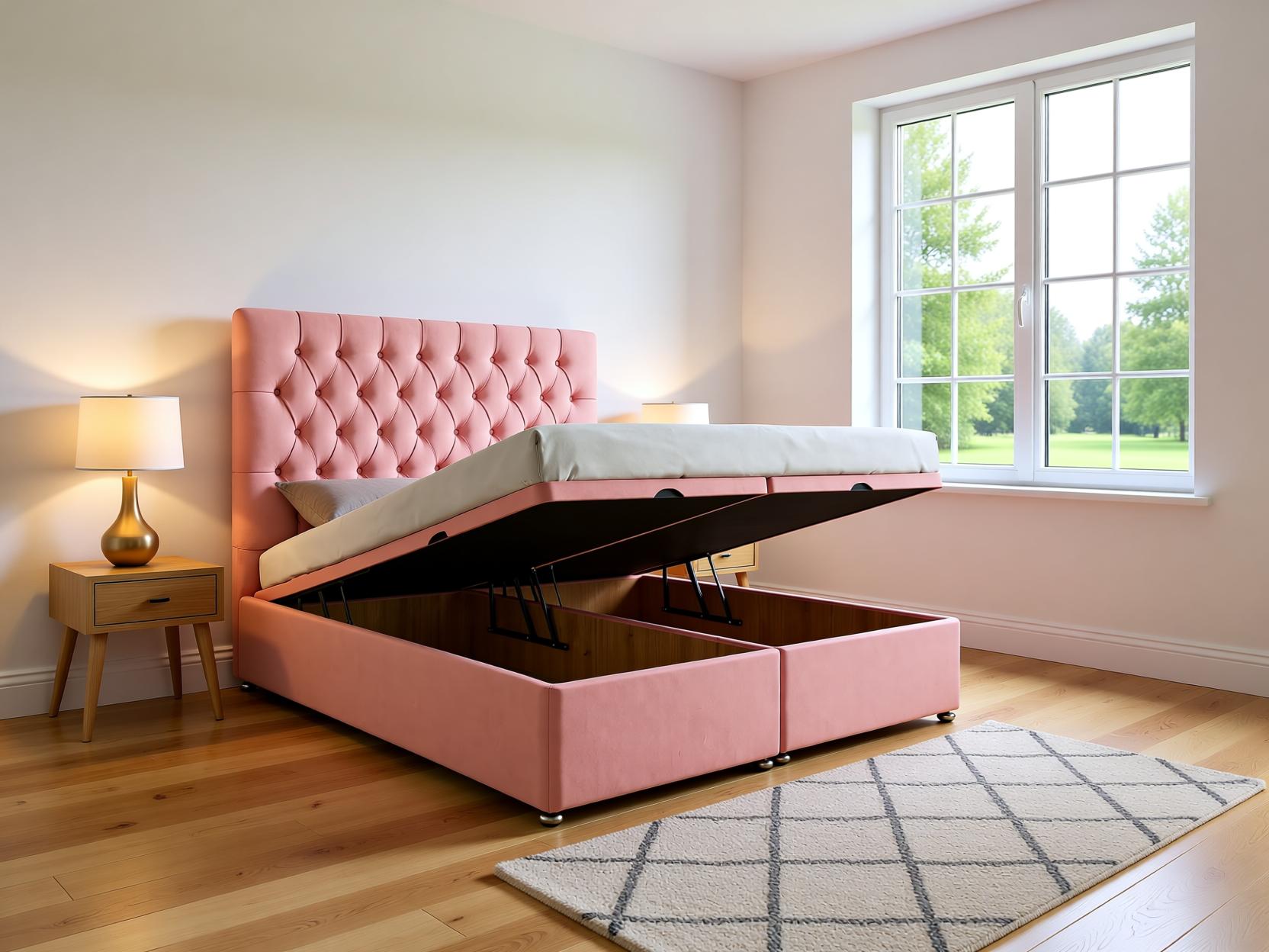 Eterna Ottoman storage divan bed set with floor standing headboard in a stylish bedroom setting.