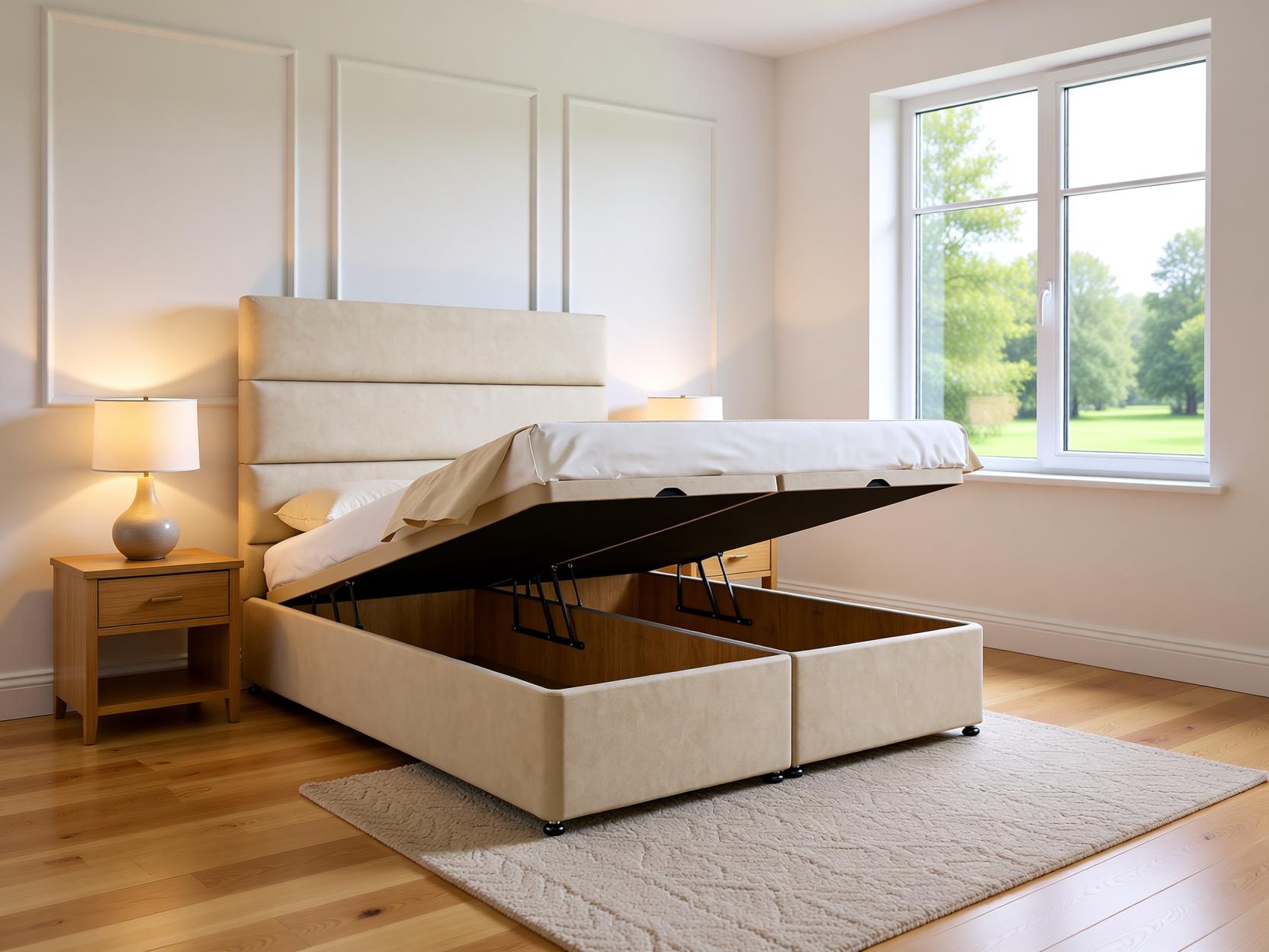 Fiorenza Ottoman storage divan bed set with floor standing headboard in a stylish bedroom setting by Sleepcomfibeds.