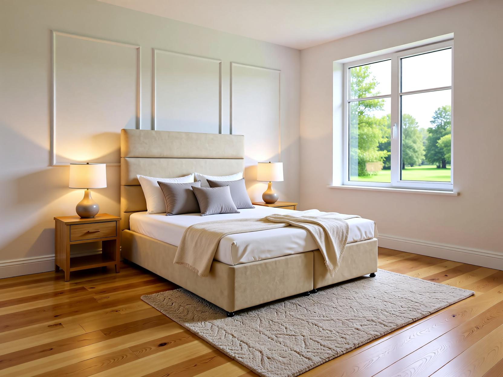 Fiorenza ottoman storage divan bed set with floor standing headboard in a stylish bedroom setting.