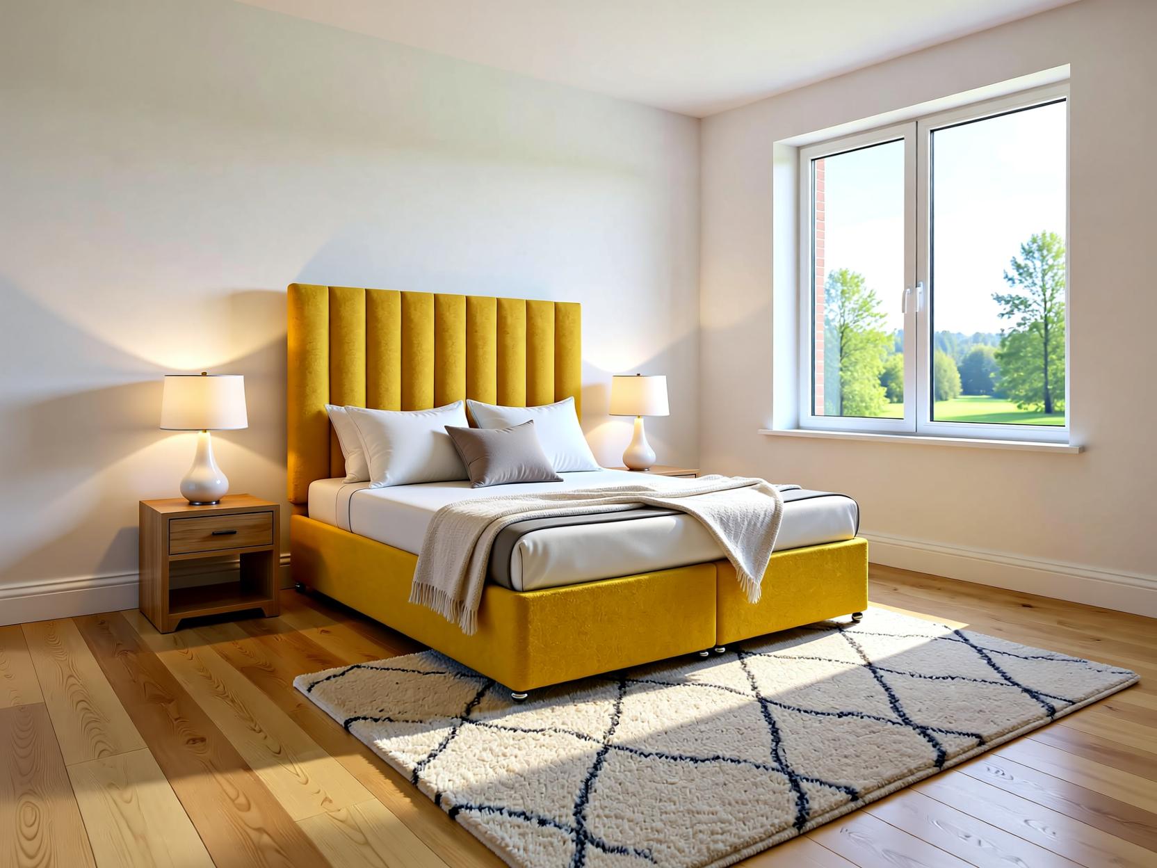 Lusso Ottoman storage divan bed set with a floor-standing headboard in a stylish bedroom setting.