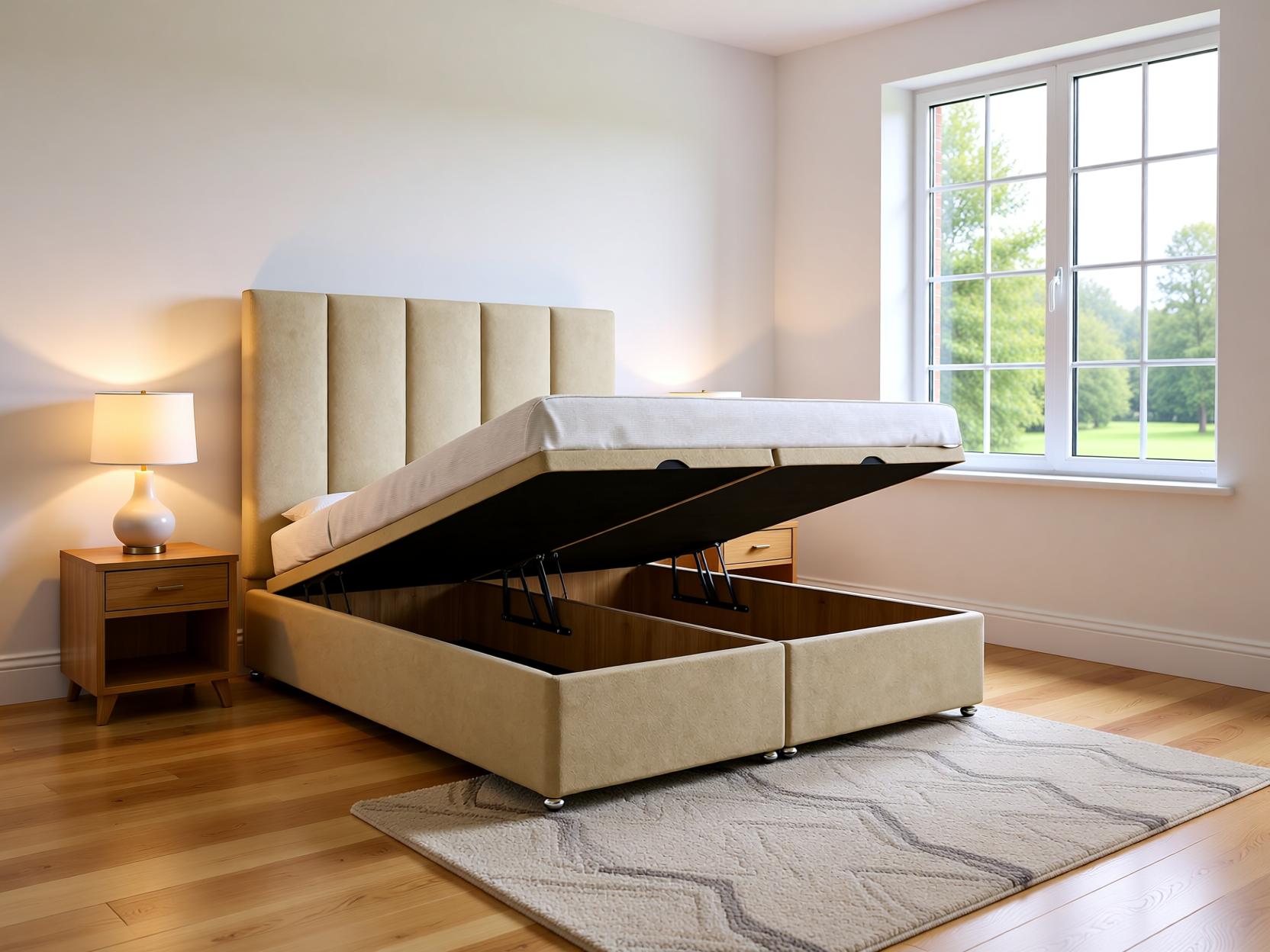 Velluto Ottoman Storage Divan Bed Set with Floor Standing Headboard | Sleep Comfi Beds - Sleepcomfibeds